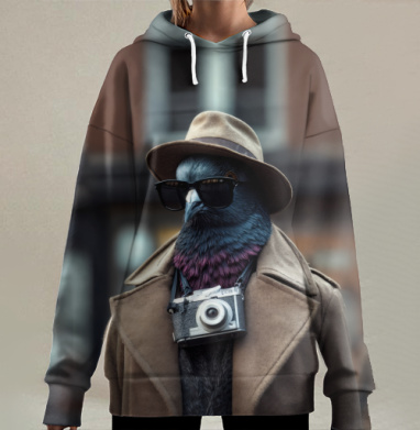 Коричневое пальто с фотокамерой на вороне на улице, Hoodie Long Oversize 3D