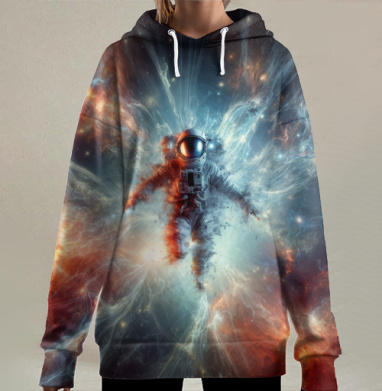 Космонавт в огненной космической туманности эмоций и силы, Hoodie Long Oversize 3D