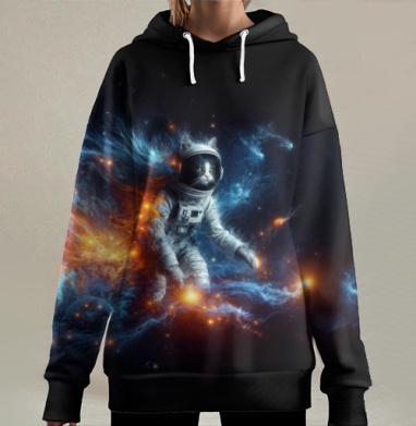 Кот космонавт в огненном космосе путешествие и мечты, Hoodie Long Oversize 3D
