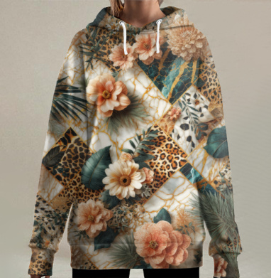Леопард цветы листья дикость экзотика тепло живость, Hoodie Long Oversize 3D