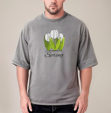 Белые тюльпаны и зелёные листья весна надпись Spring, Футболка мужская варенка оверсайз