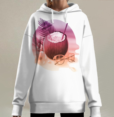 Летний кокосовый отдых с очками и зонтиком на песке, Hoodie Long Oversize 3D