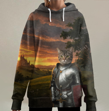 Рыцарь кот в доспехах на фоне заката и замка, Hoodie Long Oversize 3D