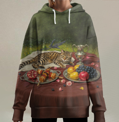 Леопард среди фруктов отдыхающих на столе покрывалом, Hoodie Long Oversize 3D