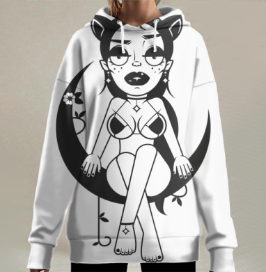 Женщина с ушками на луне сидит загадочно уединенно, Hoodie Long Oversize 3D