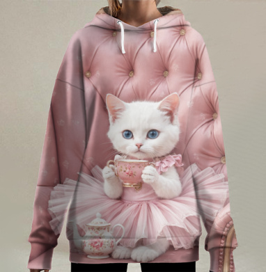 Белый кот в розовом платье пьёт чай, Hoodie Long Oversize 3D