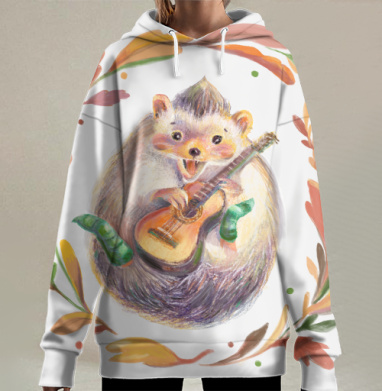 Ёжик с гитарой в осенней рамке музыка и настроение, Hoodie Long Oversize 3D