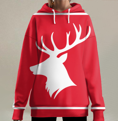 Символ белый олень на красном фоне для одежды, Hoodie Long Oversize 3D