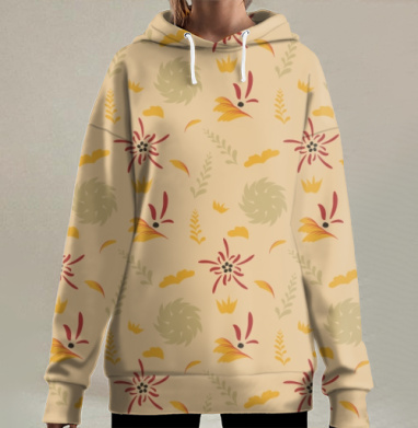 Осенний растительный узор с листьями и цветами для текстиля, Hoodie Long Oversize 3D