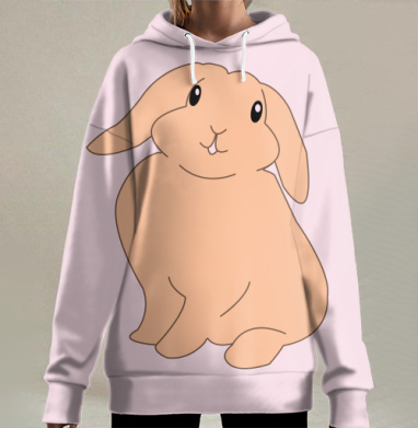 Милый персиковый зайчик на светло-розовом фоне, Hoodie Long Oversize 3D
