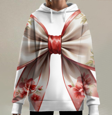 Красный бант с цветами, Hoodie Long Oversize 3D