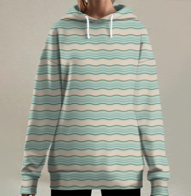 Горизонтальные волнистые линии бежевый бирюзовый аквамарин, Hoodie Long Oversize 3D