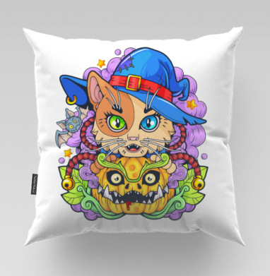 Кот в шляпе с тыквой и мистикой Halloween - Магазин футболок fargon - Дизайнерские принты, Подушки