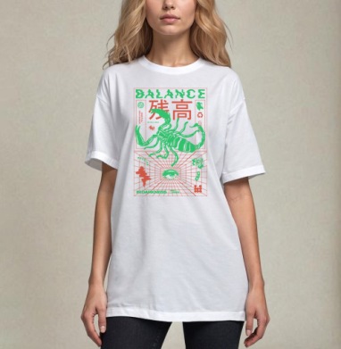 Неоновый Скорпион в Техно-Брутализме Баланса, Футболка / Унисекс / Оверсайз / Белая / C принтом