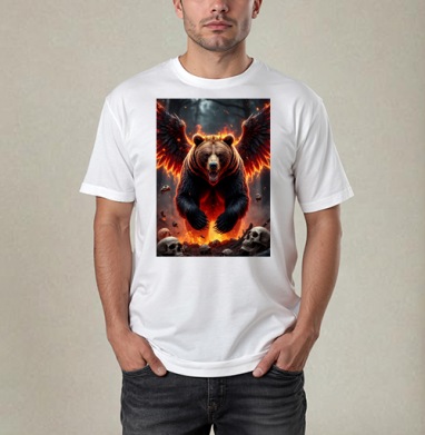 Могучий коронованный огненный медведь с крыльями / Fire Bear Wings, Футболка / Мужчинам / Pure / Белая / C принтом