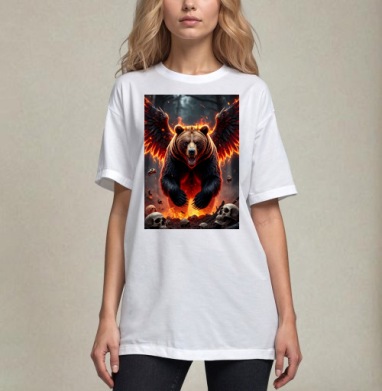 Могучий коронованный огненный медведь с крыльями / Fire Bear Wings, Футболка / Унисекс / Оверсайз / Белая / C принтом