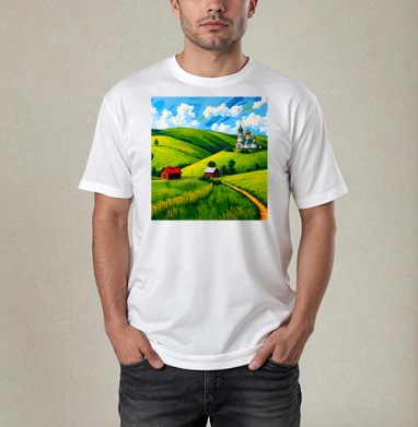 Village Summer Landscape - Летний сельский пейзаж с золотыми куполами церкви, Футболка / Мужчинам / Pure / Белая / C принтом