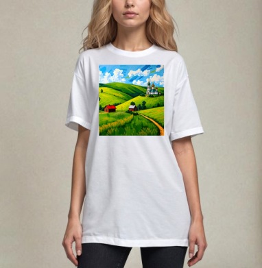 Village Summer Landscape - Летний сельский пейзаж с золотыми куполами церкви, Футболка / Унисекс / Оверсайз / Белая / C принтом