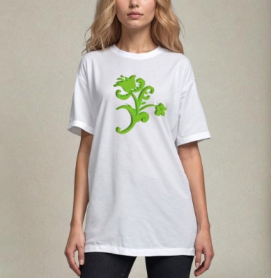 Green 3D flower / Зеленый объемный цветок современном стиле фольклора, Футболка / Унисекс / Оверсайз / Белая / C принтом