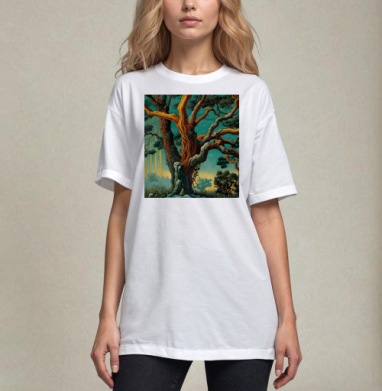 Golden tree in turquoise forest / Золотое дерево в бирюзовом лесу, Футболка / Унисекс / Оверсайз / Белая / C принтом