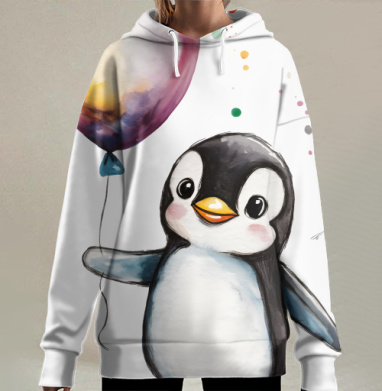 Веселый пингвин с воздушным шаром держит настроение детства, Hoodie Long Oversize 3D