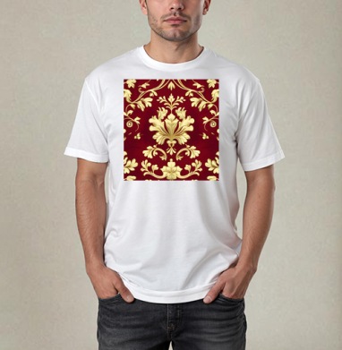 Золотой дамасский узор на темном бордовом фоне Golden damask pattern, Футболка / Мужчинам / Pure / Белая / C принтом