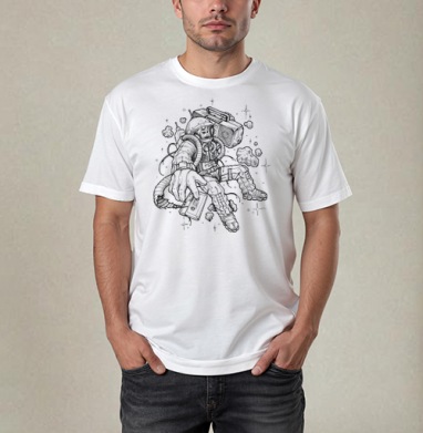 Космонавт с кассетой в космосе расширяет музыкальные горизонты, Футболка / Мужчинам / Pure / Белая / C принтом