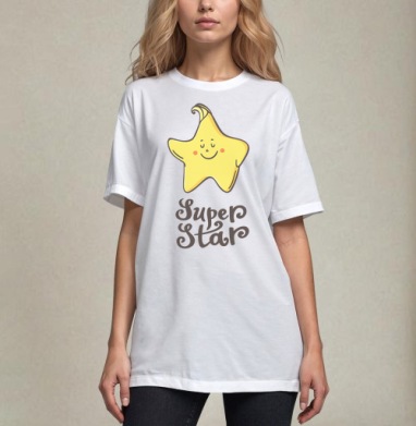 Очаровательная улыбающаяся звезда Super Star, Футболка / Унисекс / Оверсайз / Белая / C принтом