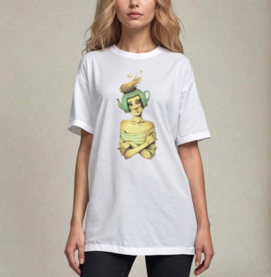 Женщина с чайником на голове: эмоции кипения, Футболка / Унисекс / Оверсайз / Белая / C принтом