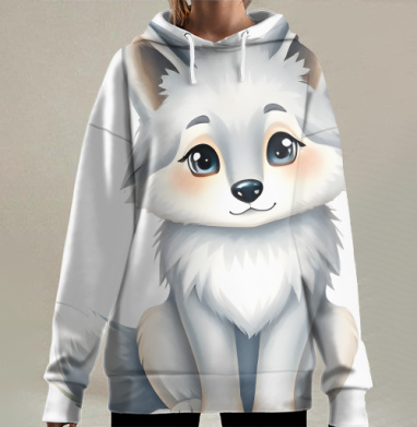 Милый серый щенок с большими глазами и нежным взглядом, Hoodie Long Oversize 3D