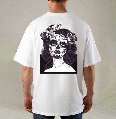 Портрет женщины в стиле Día de Muertos с венком из роз, Футболка / Мужская / Оверсайз / С принтом на спине