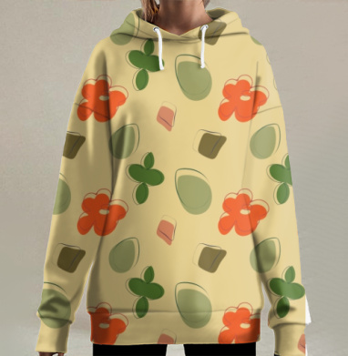 Абстрактный орнамент с красными цветами и листьями на бежевом, Hoodie Long Oversize 3D