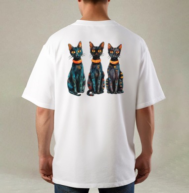 Три черных кота с оранжевыми глазами / Three Black Cats with Orange Eyes, Футболка / Мужская / Оверсайз / С принтом на спине