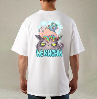 Унылый кот с яркой улиткой и радужными каплями, Футболка / Мужская / Оверсайз / С принтом на спине