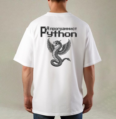 Мощный монохромный крылатый змей символизирует программист Python принт, Футболка / Мужская / Оверсайз / С принтом на спине