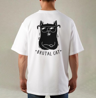 Футболка с принтом «Brutal Cat» в стиле минимализм, Футболка / Мужская / Оверсайз / С принтом на спине