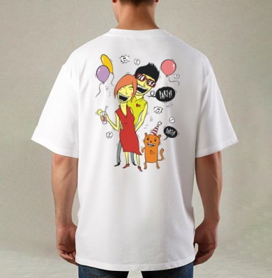 Pop art вечеринка / Party с женщиной мужчиной и рыжим котом PARTY ТУСУЕМСЯ, Футболка / Мужская / Оверсайз / С принтом на спине