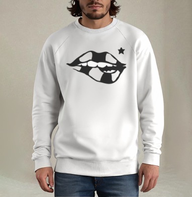 Яркий стильный рисунок губ с черной звездой, Свитшот мужской белый
