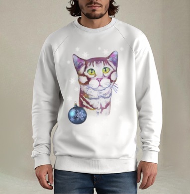Котик в снежинках, Свитшот мужской белый