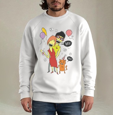 Pop art вечеринка / Party с женщиной мужчиной и рыжим котом PARTY ТУСУЕМСЯ - Магазин футболок urteco - Дизайнерские принты