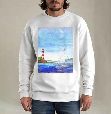Яхта и маяк в море, Свитшот мужской белый
