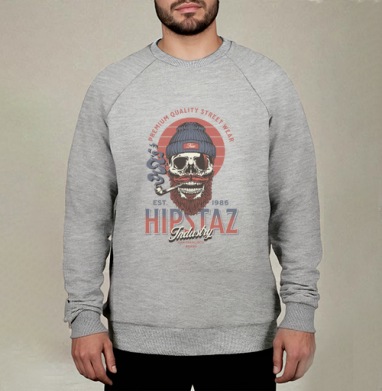 Череп хипстер с трубкой и бородой для одежды street wear, Свитшот мужской меланж начес/петля
