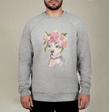 Собака в венке из нежных цветов акварель, Свитшот мужской меланж начес/петля