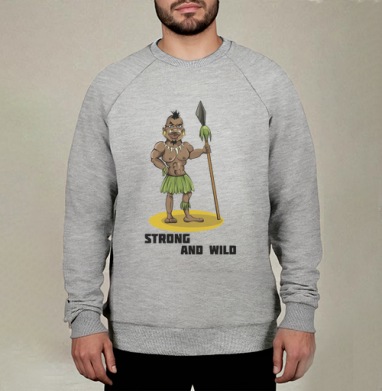 Strong and wild / Сильный и дикий смешной мультяшный воин абориген, Свитшот мужской меланж начес/петля