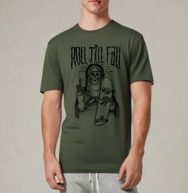 Мистический скелет с скейтбордом ROLL TILL FALL, Футболка мужская REGULAR темный хаки