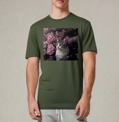 Cat in sakura – Полосатый кот среди розовых лепестков Кот сакура вишня, Футболка мужская REGULAR темный хаки