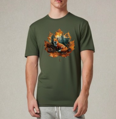 Рыжий лис в осеннем лесу, среди шишек, Футболка мужская REGULAR темный хаки