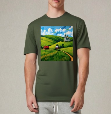 Village Summer Landscape - Летний сельский пейзаж с золотыми куполами церкви, Футболка мужская REGULAR темный хаки