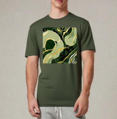 Золотые изгибы на зеленом анималистичном фоне / Golden curves on green animal background, Футболка мужская REGULAR темный хаки