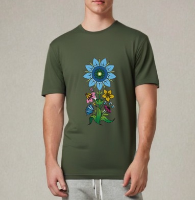 Яркий цветочный декор в народном стиле, Футболка мужская REGULAR темный хаки